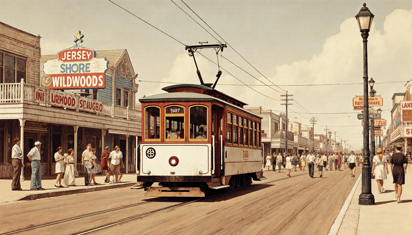 Jersey Shore tramcar moves along Wildwoods boardwalk with number eight sign and tourists milling in nostalgic background