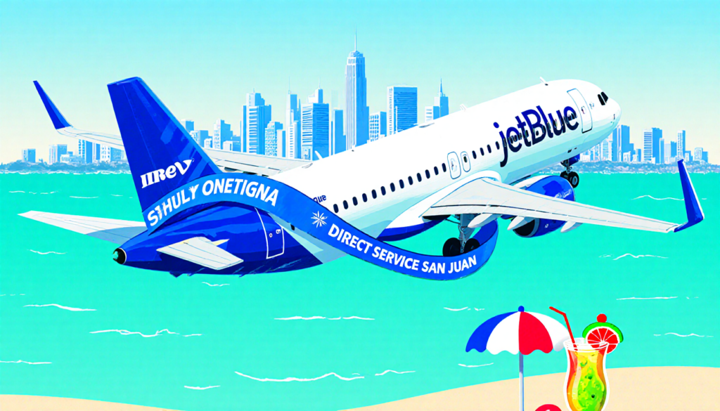 JetBlue airplane cruising over clear Puerto Rico waters with Philadelphia skyline and beach umbrella