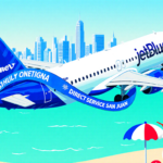 JetBlue airplane cruising over clear Puerto Rico waters with Philadelphia skyline and beach umbrella
