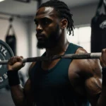 Jihaad Campbell lifting a barbell with sweat beads and Philadelphia Eagles gear near his wrist in a dim weight room