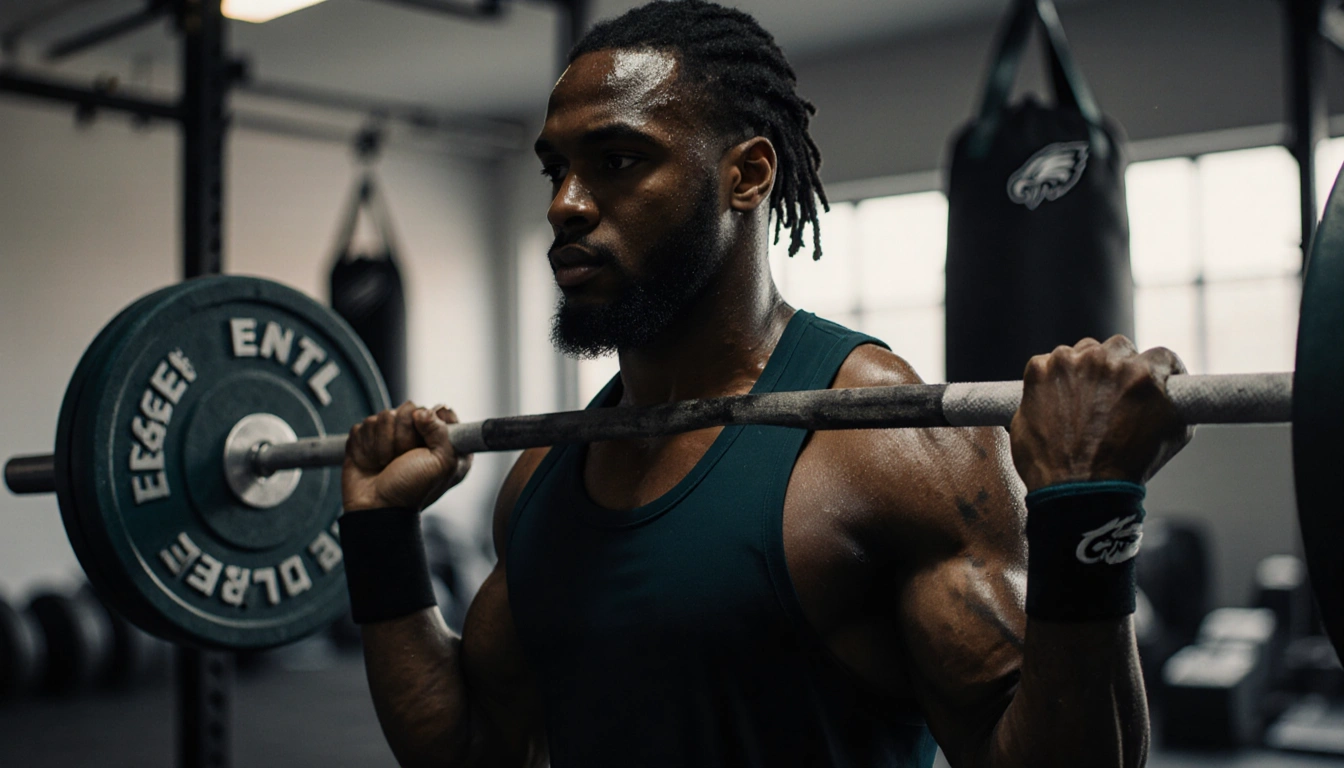 Jihaad Campbell lifting a barbell with sweat beads and Philadelphia Eagles gear near his wrist in a dim weight room