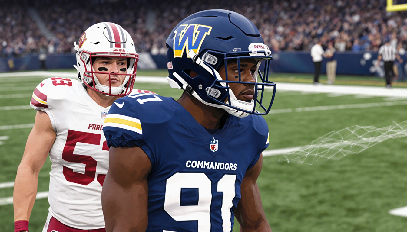 Jihaad Campbell playing linebacker for Washington Commanders with helmet raised near Zack Baun