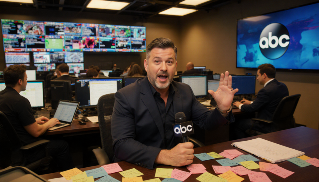 Jimmy Kimmel sits at his desk holding a microphone with colorful notes and a TV screen showing the ABC logo in a bustling new