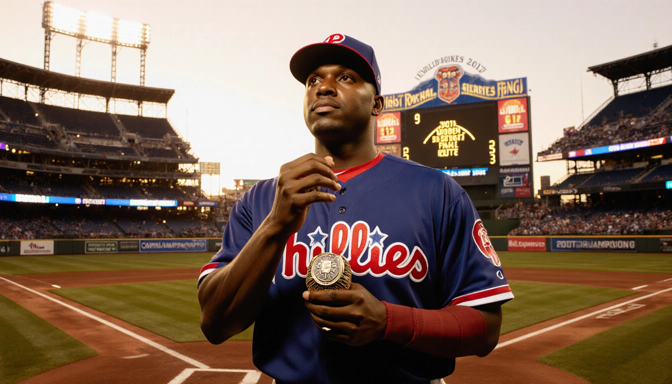 Jimmy Rollins standing at home plate holding his World Series ring with Phillies City Hall shining in evening light
