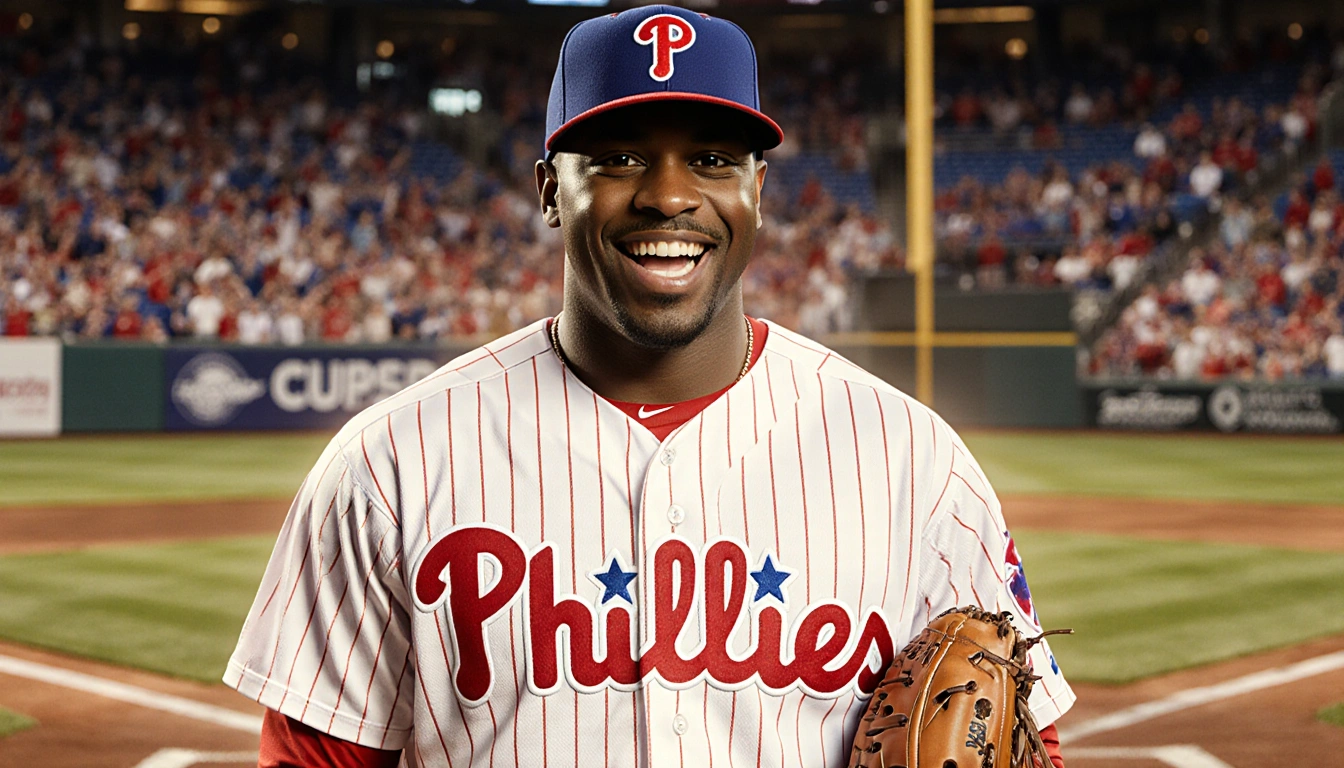 Jimmy Rollins stands behind home plate with a golden glow and a baseball glove near his feet wearing his Phillies jersey