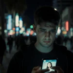 Jimmy Fowlie scrolling Instagram to find his missing sister with worry on his face and a dim Los Angeles street in the backgr