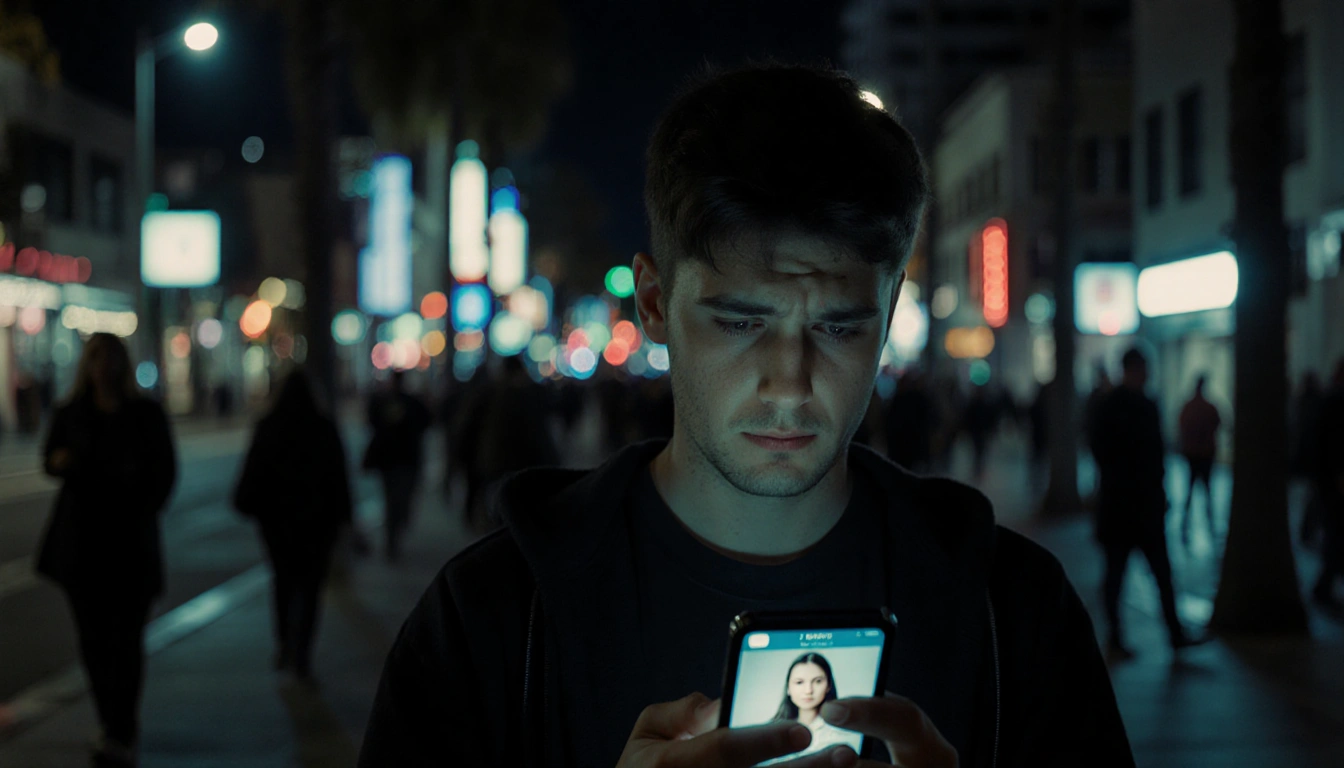 Jimmy Fowlie scrolling Instagram to find his missing sister with worry on his face and a dim Los Angeles street in the backgr