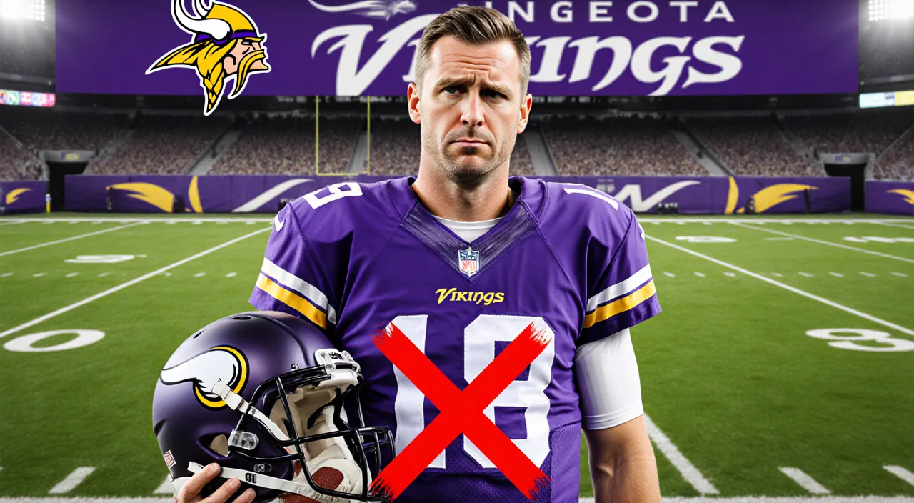 J.J. McCarthy stands on field confused Vikings uniform with red‑X football and Vikings logo at gate.