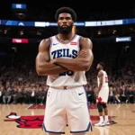 Joel Embiid stands alone in front of the Chicago Bulls bench with dim arena lights and a city skyline at night.