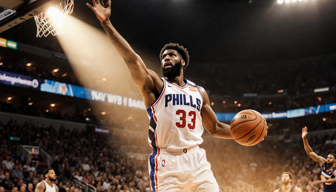 Basketball star Joel Embiid shooting a ball with a spotlight illuminating the court