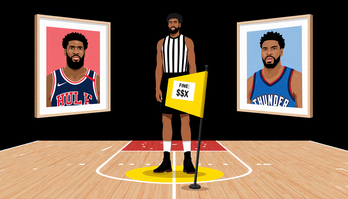 Joel Embiid standing on basketball court with yellow referee flag and three framed injury photos around him