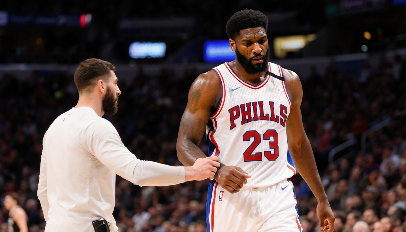 Joel Embiid limps toward the bench with tears and sweat drops against a blurred court and Mann holding his jersey.