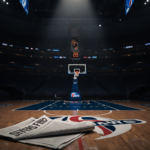 Joel Embiid standing center court in NBA game under spotlight with crumpled newspaper clipping showing Sixers fined $100,000