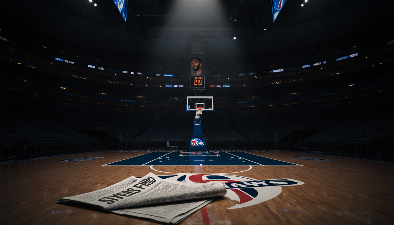 Joel Embiid standing center court in NBA game under spotlight with crumpled newspaper clipping showing Sixers fined $100,000