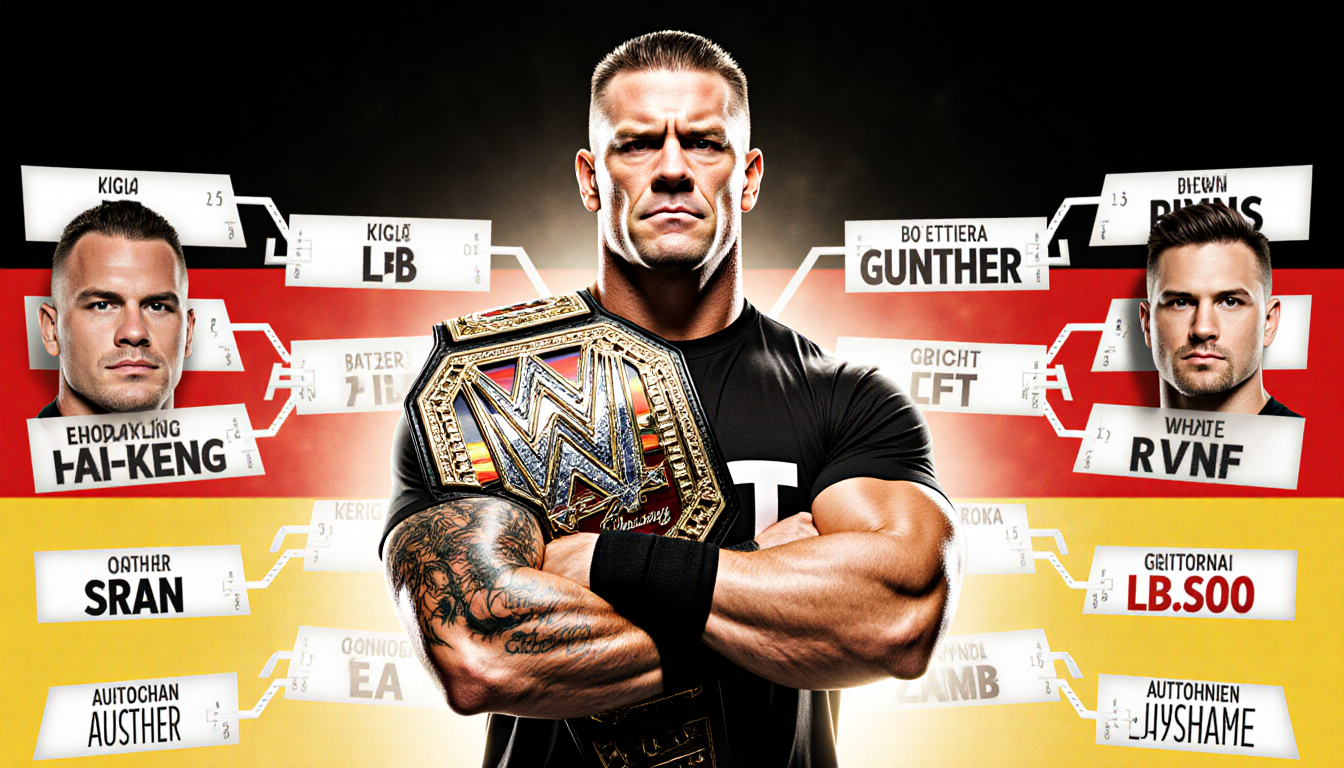John Cena holds a championship belt with a bracket behind showing LA Knight and Gunther and German‑Austrian flag