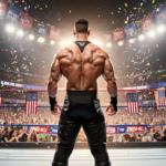 John Cena standing before WWE ring with American flag ropes and confetti banners for a final showdown.
