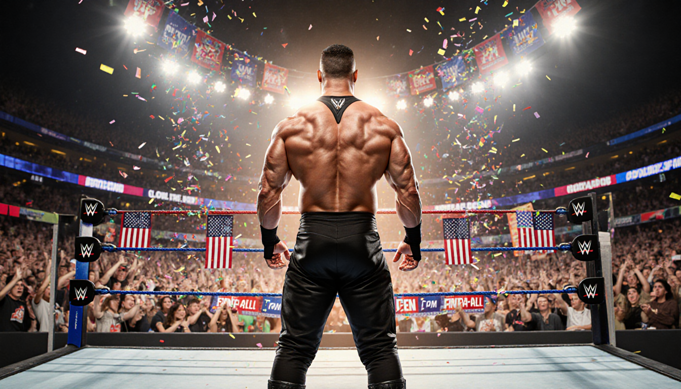 John Cena standing before WWE ring with American flag ropes and confetti banners for a final showdown.