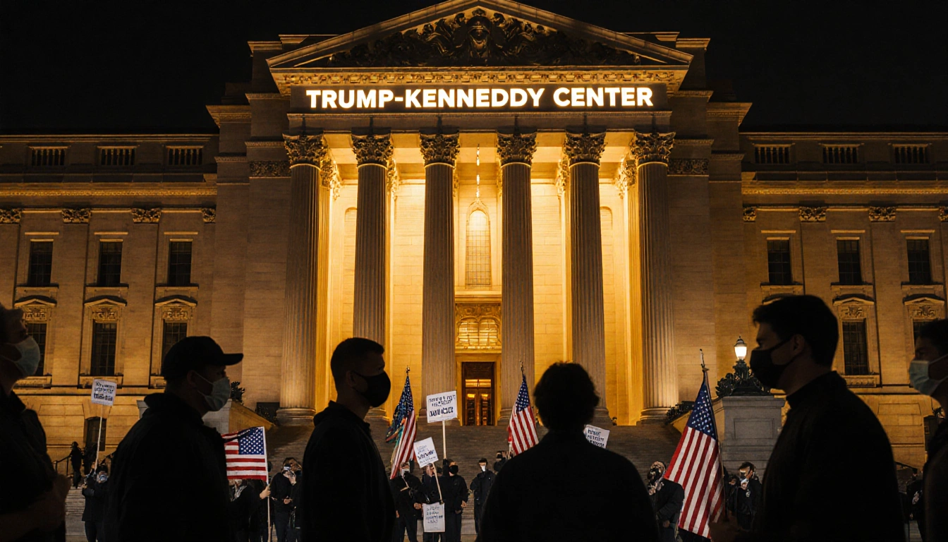 Protesters face each other with masked banners near golden-lit Kennedy Center and Trump-Kennedy sign.
