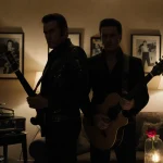 John Travolta standing beside his son Ben with a silhouette of Elvis guitar and a record player in the living room.
