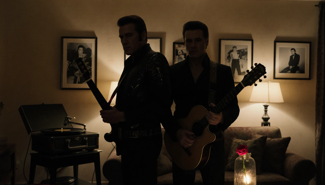 John Travolta standing beside his son Ben with a silhouette of Elvis guitar and a record player in the living room.