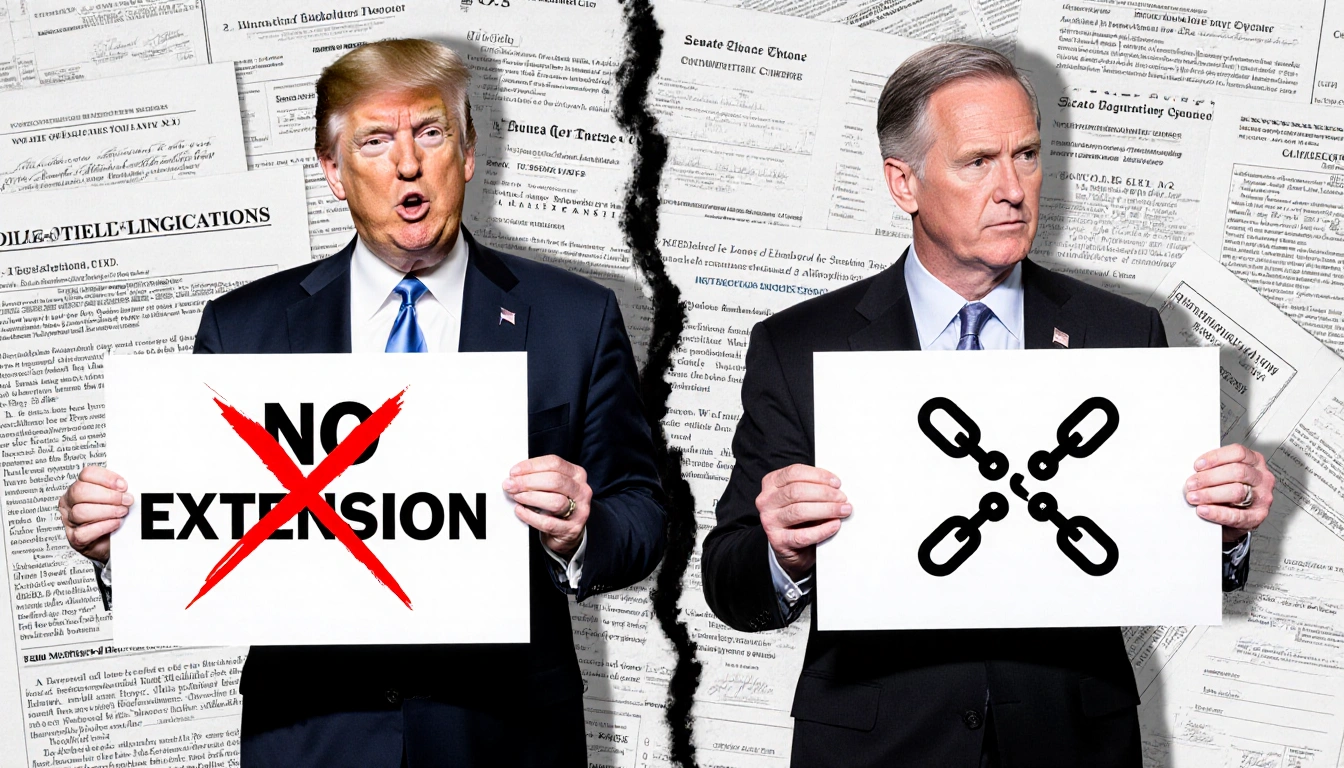 Johnson holds No Extension sign with red X while Thune holds broken chain sign and bills background.