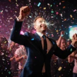 Jon Hamm dancing with eyes closed with flashing strobe lights and confetti swirling around him.