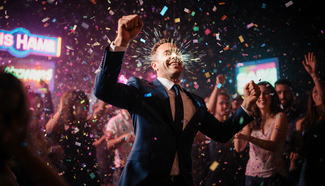 Jon Hamm dancing with eyes closed with flashing strobe lights and confetti swirling around him.