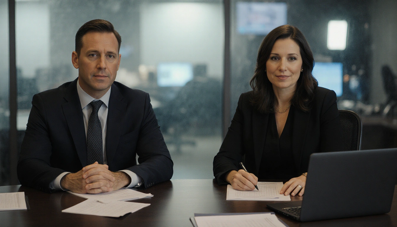 Jonathan Nolan and Lisa Joy discussing the Fallout show at a table with scripts and laptops in a blurred TV studio background