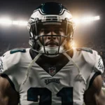 Jordan Davis stands as a defensive tackle with helmet golden glow on face amid blurred Eagles stadium crowd Commanders logo