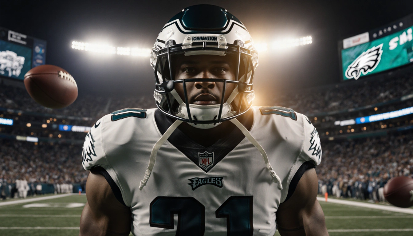 Jordan Davis stands as a defensive tackle with helmet golden glow on face amid blurred Eagles stadium crowd Commanders logo