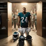 Jordan Davis stands alone in Eagles locker room after snub with a frustrated look helmet and pads while teammates cheer.
