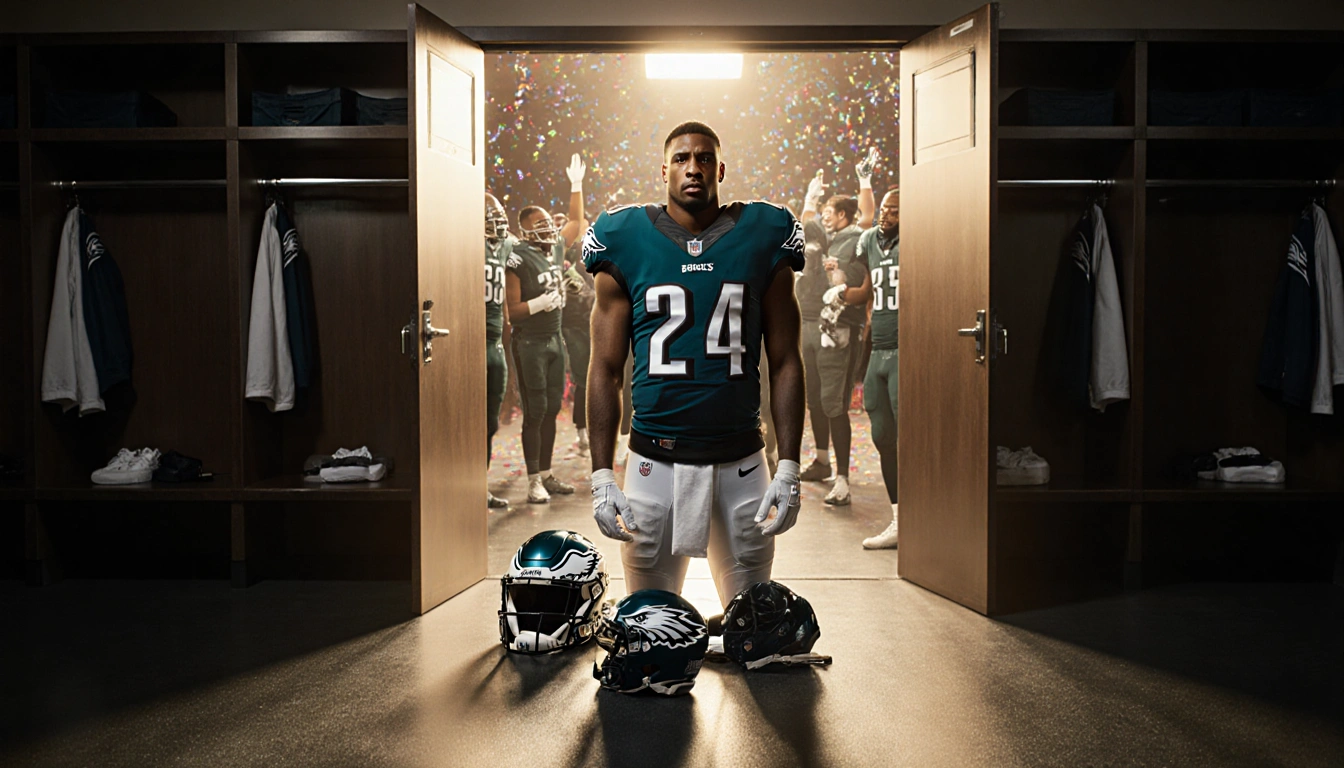 Jordan Davis stands alone in Eagles locker room after snub with a frustrated look helmet and pads while teammates cheer.