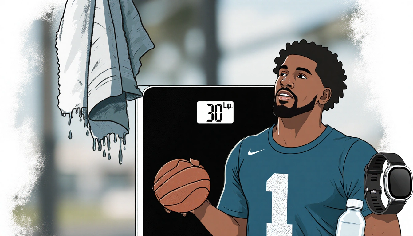 Jordan Davis, athlete, stands before a digital scale showing 30-pound weight loss with sweat-drenched towel and sports jersey