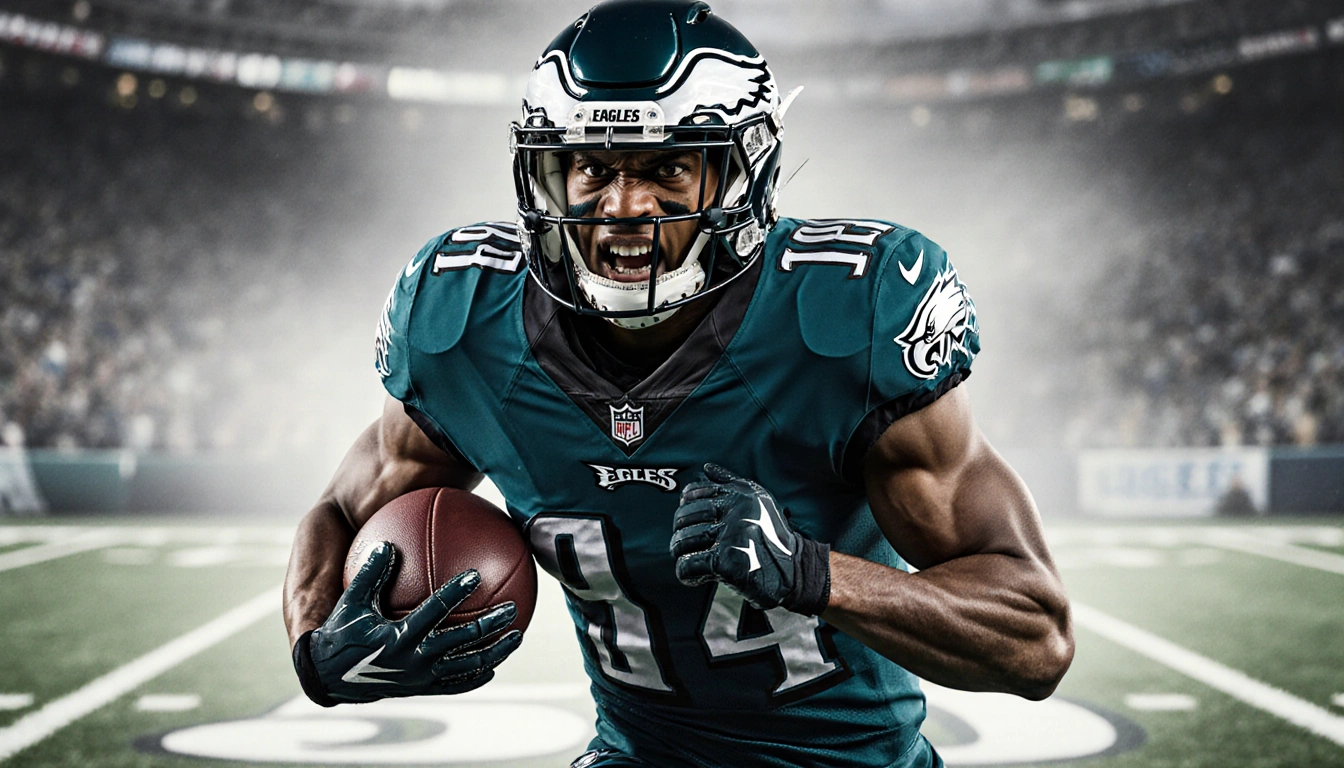 Jordan Mailata runs toward goal line holding football with clenched jaw and raised fist Eagles jersey and sharp field texture