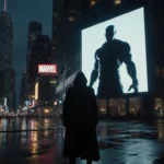 Shadowed figure standing at city street edge gazing up at giant screen with neon-lit cityscape and MCU logo flickering.