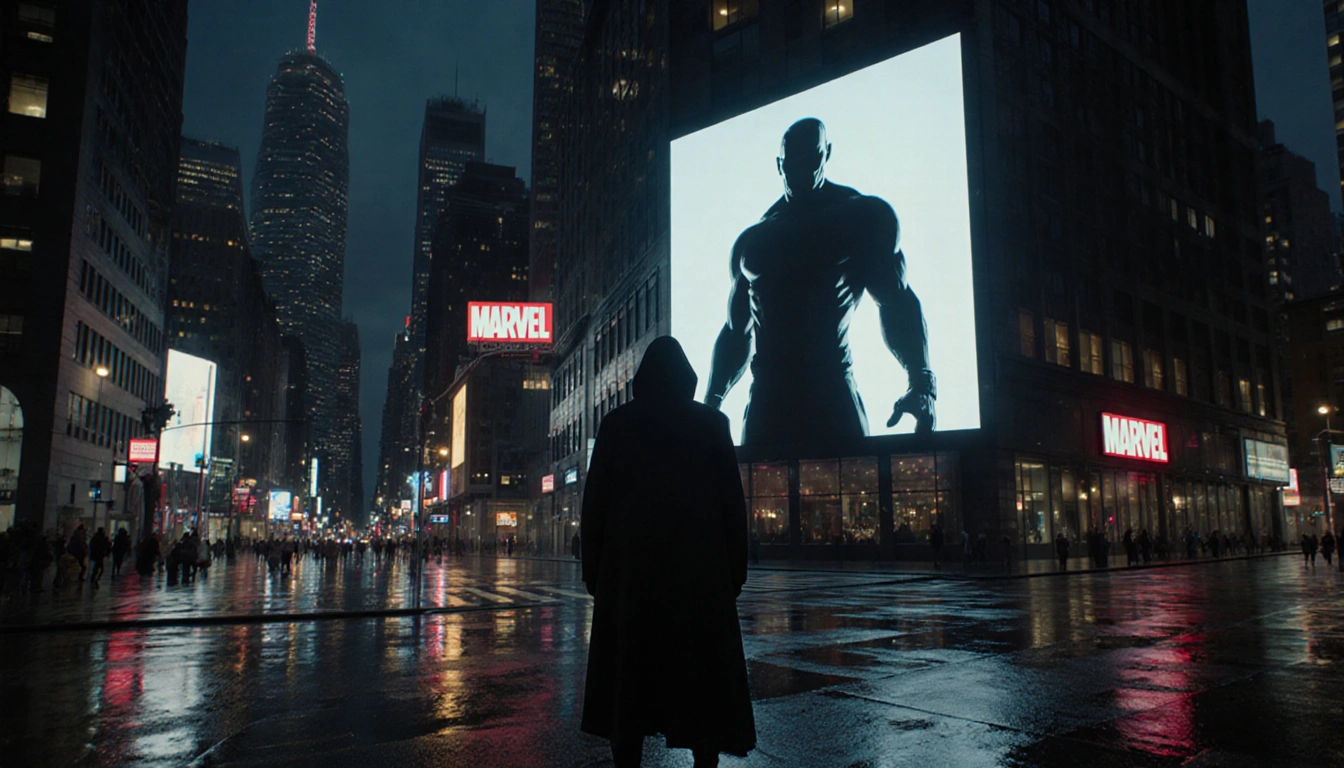 Shadowed figure standing at city street edge gazing up at giant screen with neon-lit cityscape and MCU logo flickering.