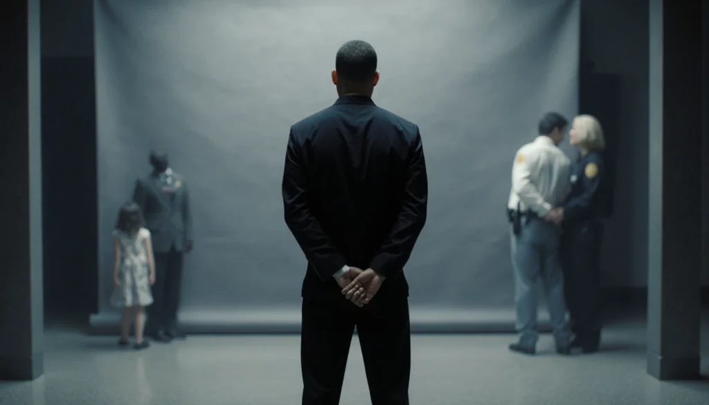 Joseph Cini standing with hands behind his back before a grey Philadelphia police backdrop showing a somber resignation.