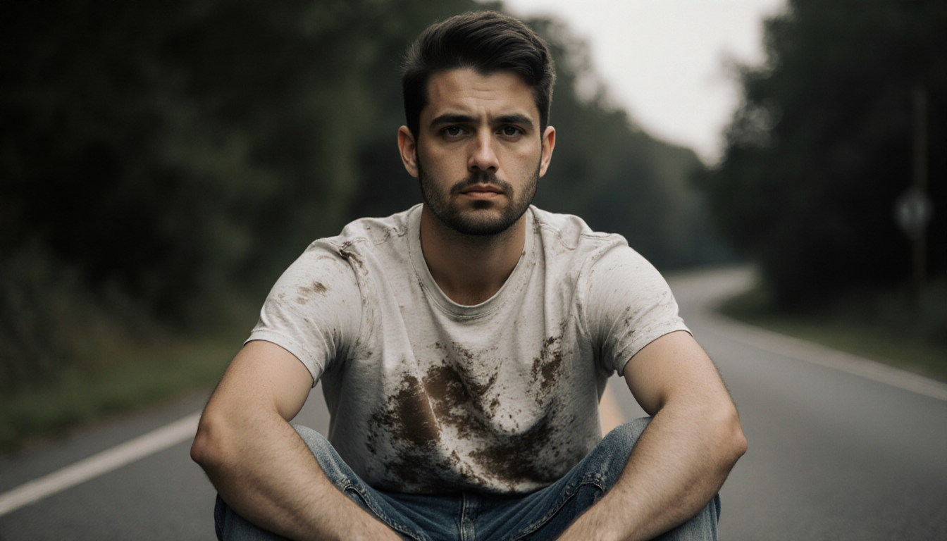 Joseph Constantino sits on Delaware road with somber expression in worn jeans and faded t-shirt