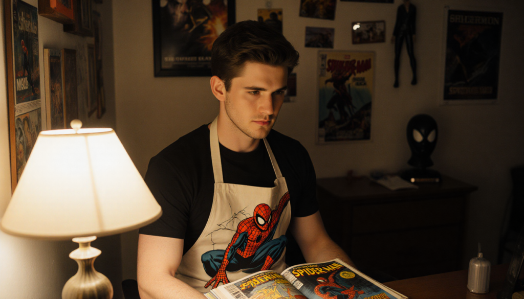 Josh Hutcherson reads a Spider‑Man comic with a spider‑themed apron in a dim room lined with movie posters.