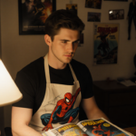 Josh Hutcherson reads a Spider‑Man comic with a spider‑themed apron in a dim room lined with movie posters.