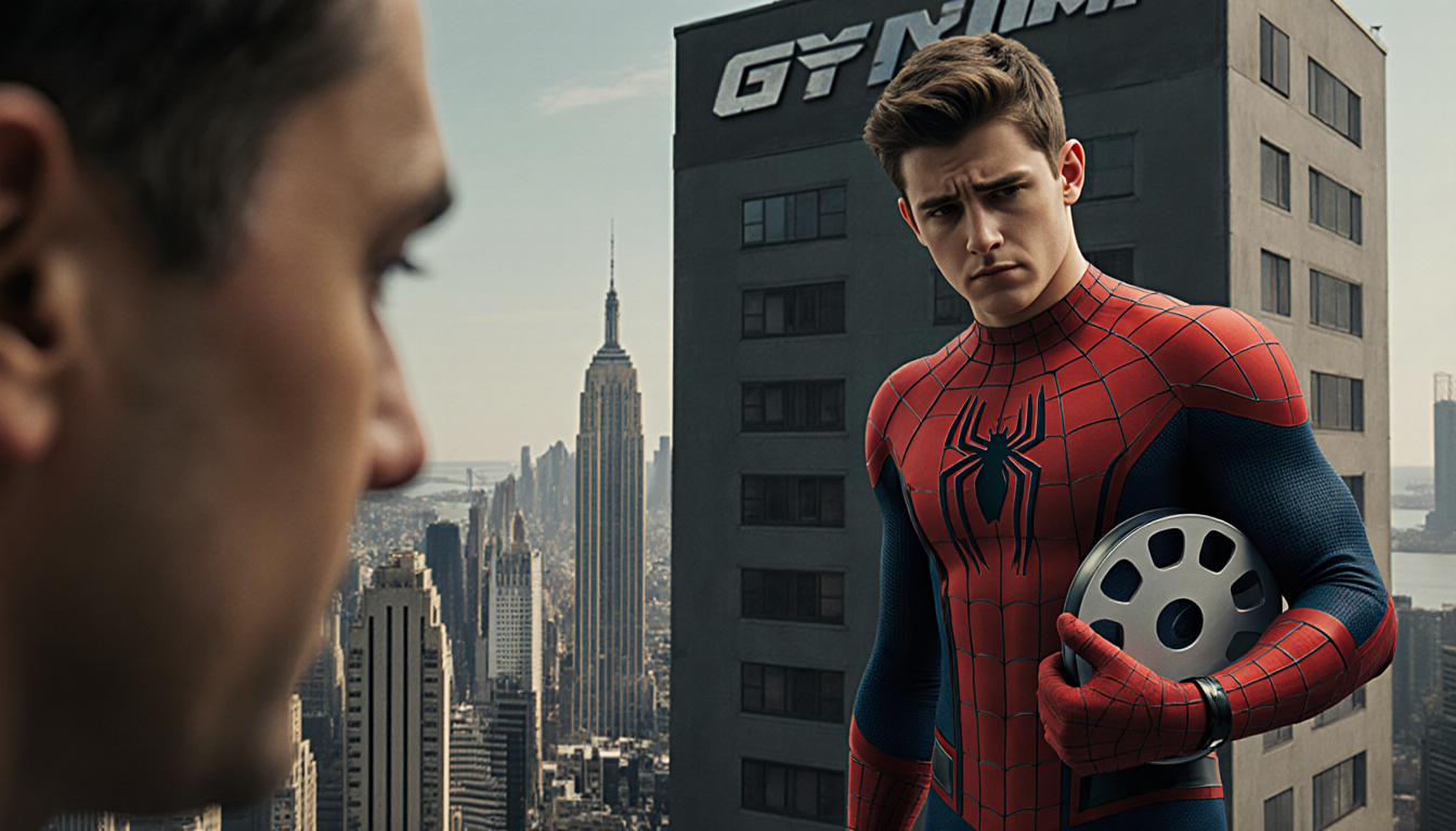 Josh Hutcherson in Spider‑Man costume holding a stunt reel disappointedly against a city skyline and training gym