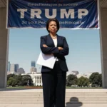 Rep. Joyce Beatty stands with arms crossed holding a folder of court documents and Trump banner behind Kennedy Center.