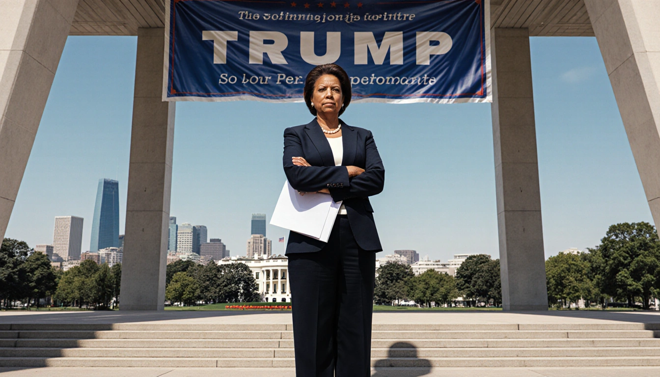 Rep. Joyce Beatty stands with arms crossed holding a folder of court documents and Trump banner behind Kennedy Center.
