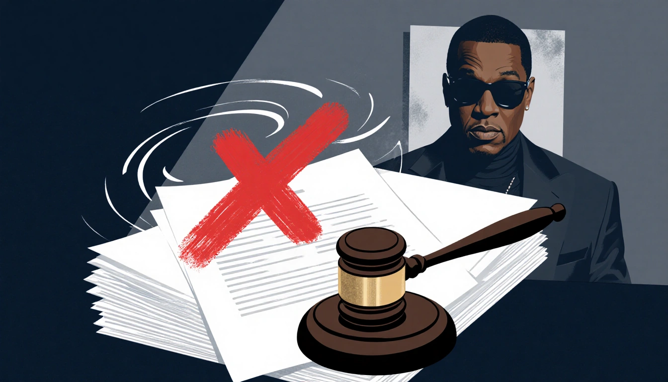 Judge's gavel resting on court documents with a red X and halo of light appeal reversal near Sean Combs silhouette
