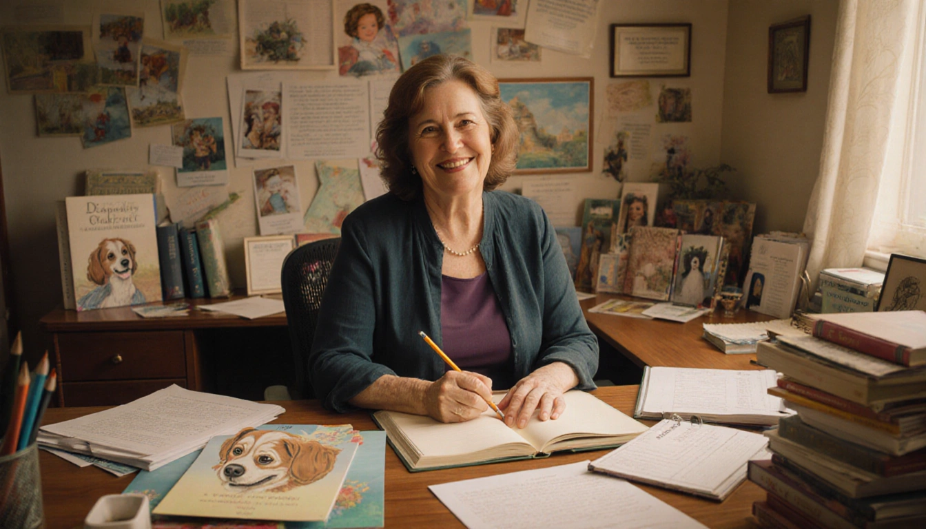 Judi Fox sketching final touches on Tess's children's book with dedication and family photos