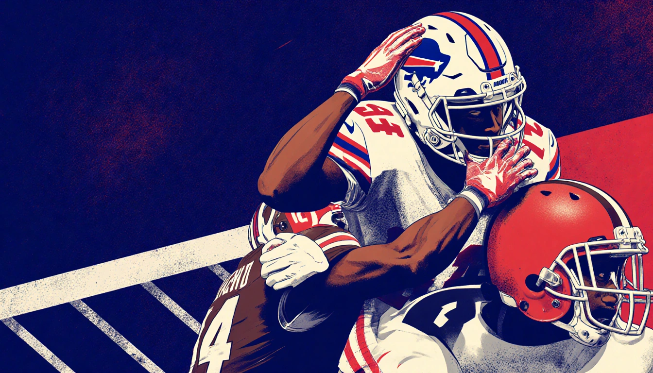 Quinshon Judkins being tackled by Matt Milano on the 44-yard line with a grid pattern and a dark blue Bills background