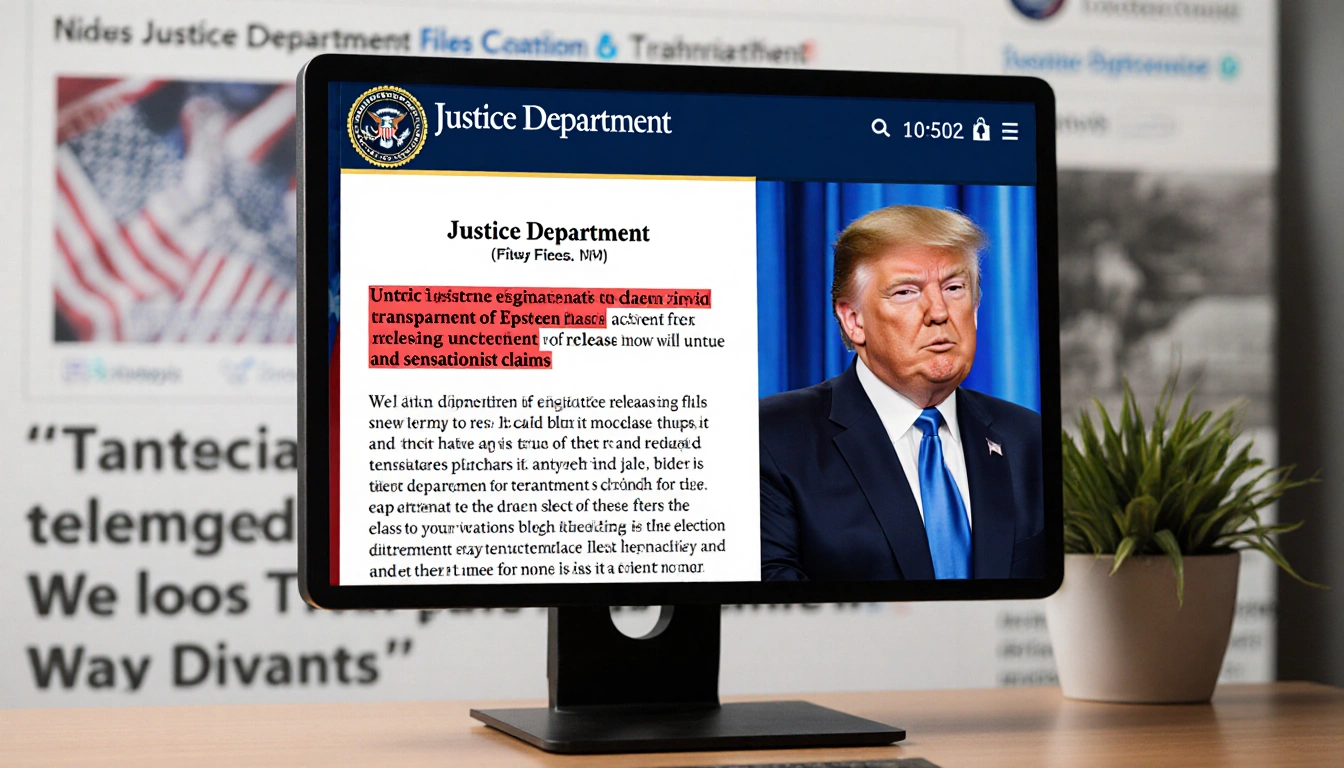 Computer screen displays Justice Department statement with red highlighted claims and blurred Trump headline in background.