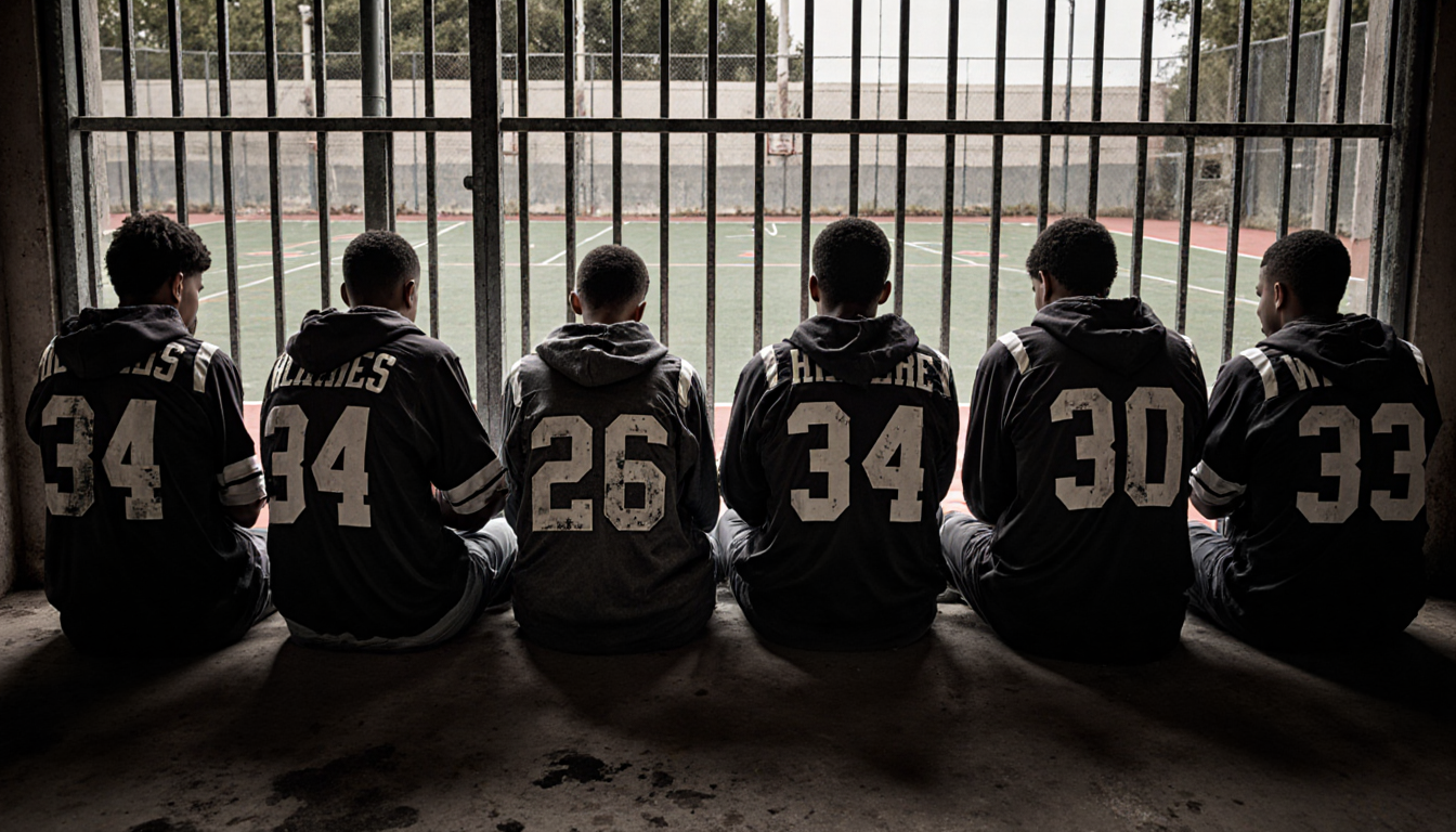 Eight youths cuffed together sit in a metal cage with torn jerseys and a barred window showing a faded basketball court