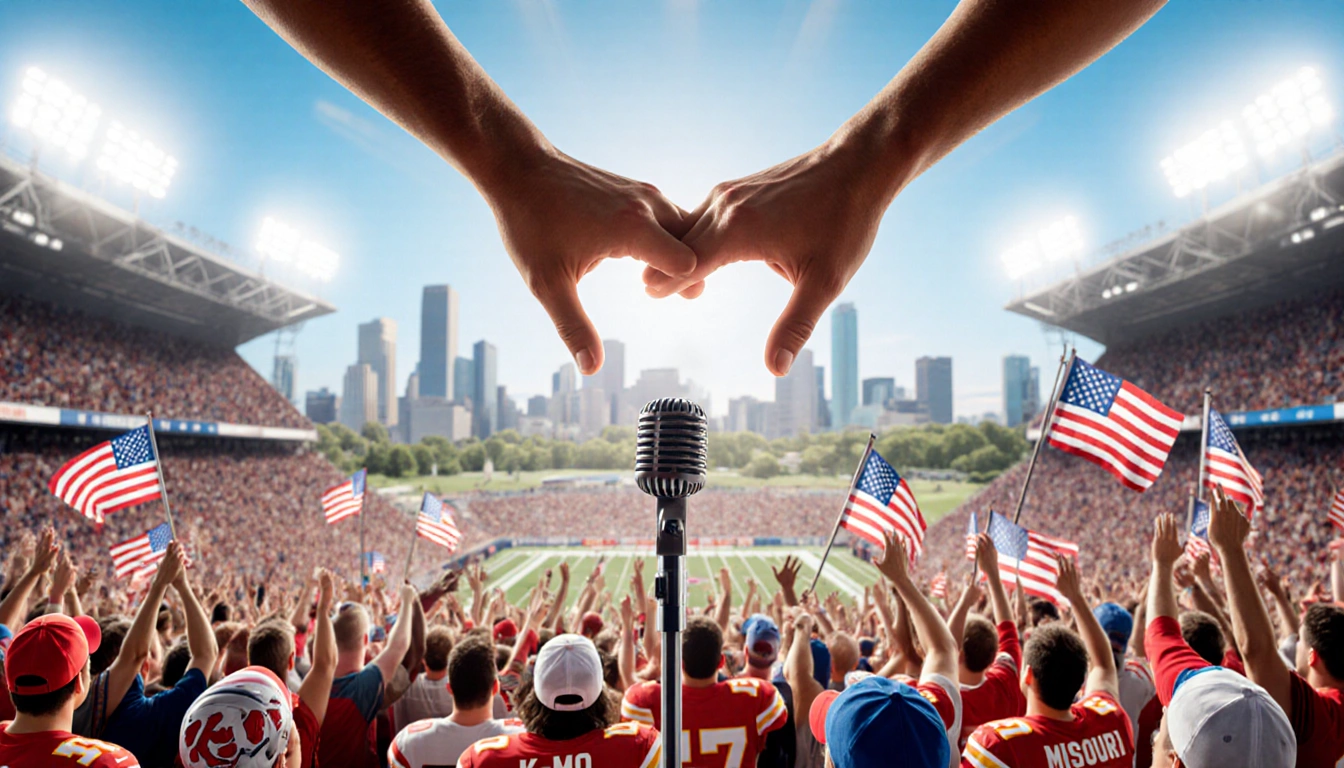 Kansas City Chiefs fans cheering with arrowhead hands above the crowd and a stage microphone under a skyline with Missouri