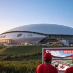 Fans gather around a bulletin board with a gleaming Chiefs stadium dome in the background and rolling Kansas hills.
